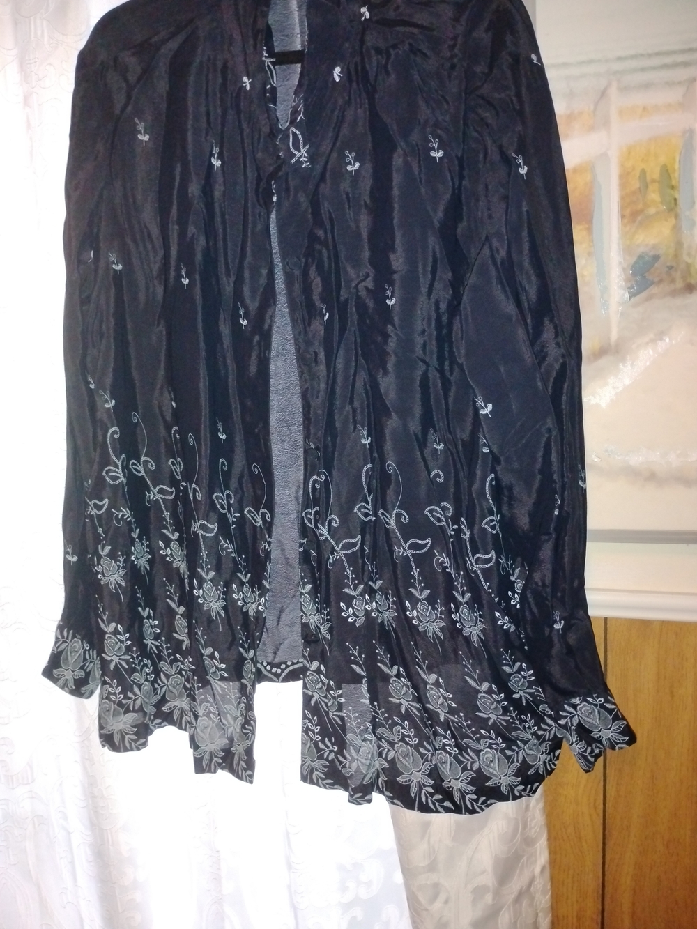 Maggie Barnes Black Blouse with Light Gray Floral Embroidery